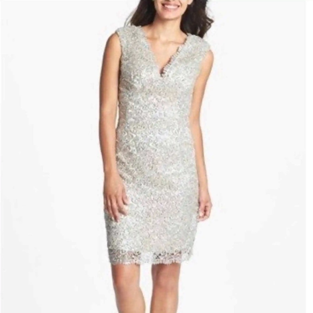 Marina Wedding Women’s Sleeveless Silver Metallic Crochet Lace Sheath Dress 14